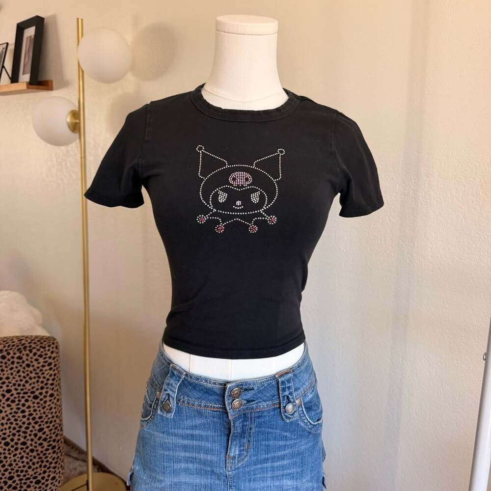 Hot Topic Kuromi Rhinestone Black Cropped Baby Tee Size Small